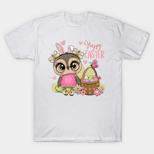 Easter print. Cute fashionable owl next to a basket of eggs. T-Shirt by Reginast777